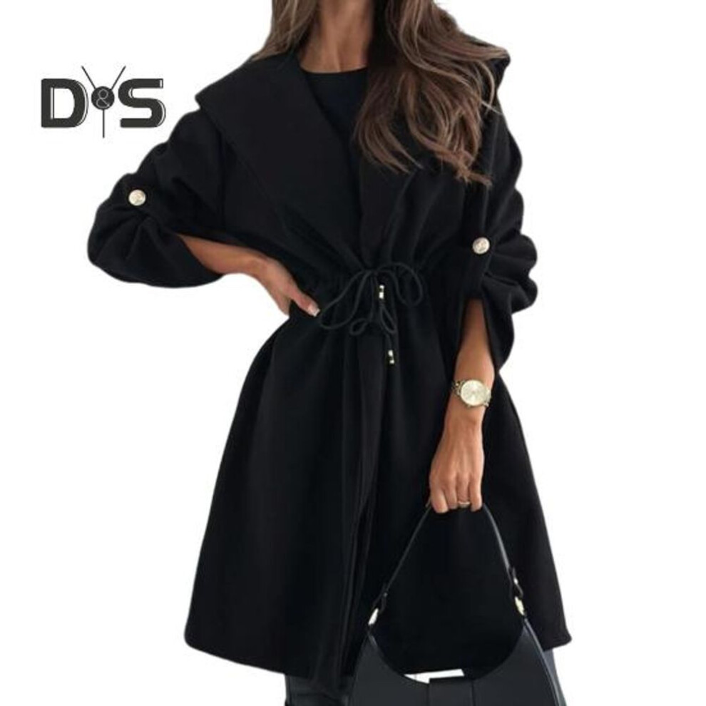 (black, XL) Lady Winter Coat Drawstring Slim Waist Hooded Thick Solid Color Mid Length Keep Warm Long Sleeve With Cufflinks Commuting Travel Overcoat