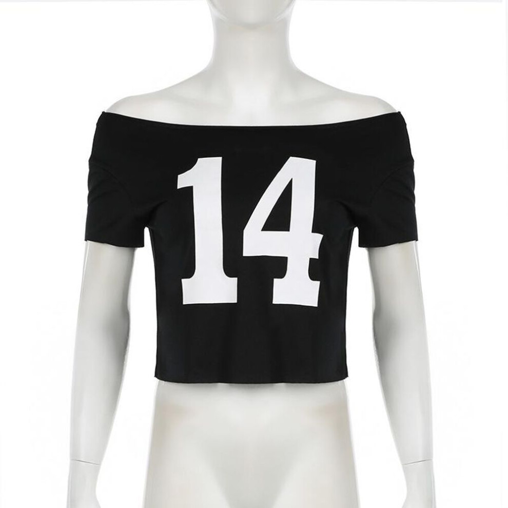 (M, black) European and American digital printed summer fashion personality short style crop top with exposed navel and one shoulder T-shirt top