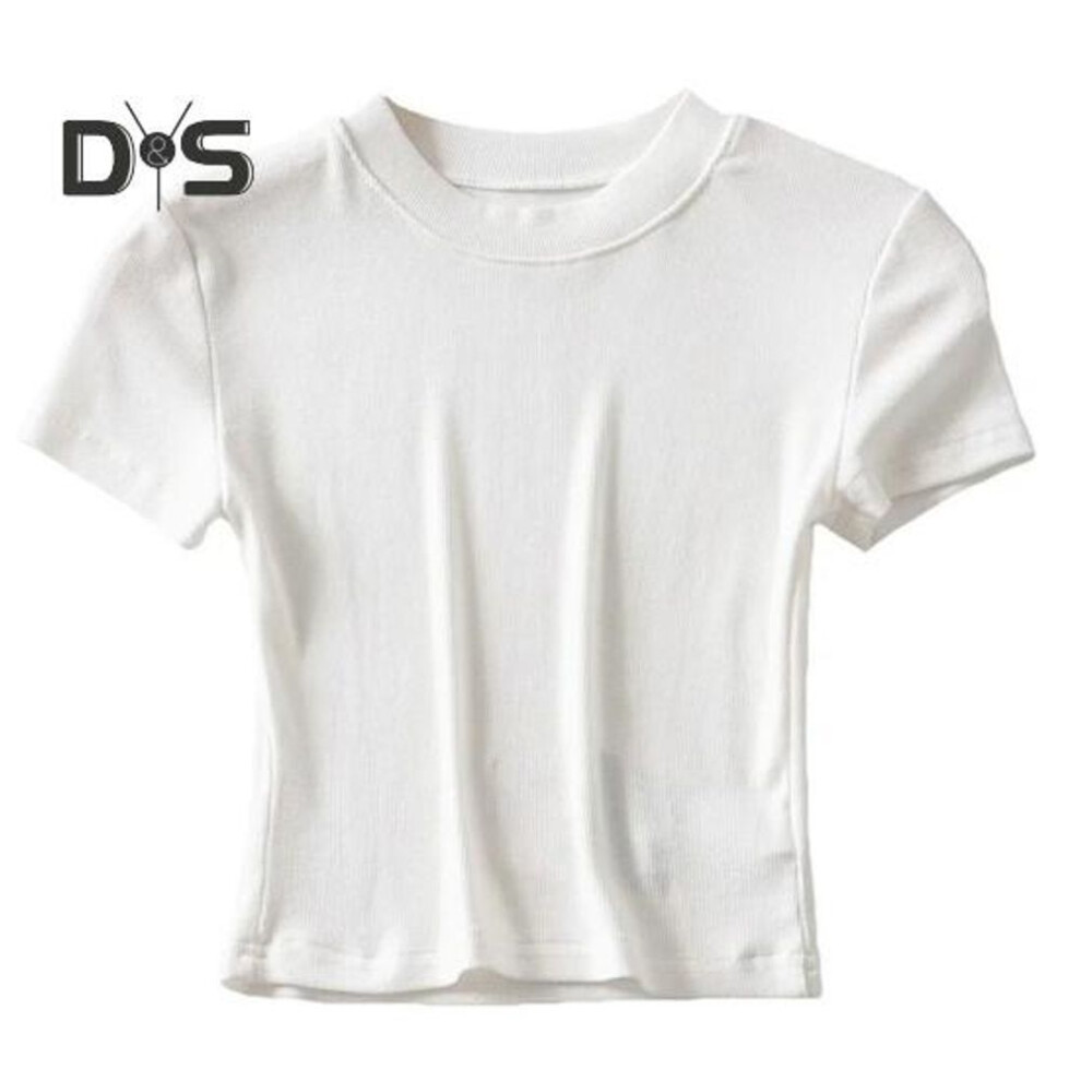 (L, white) Women Summer Crop Top O Neck Short Sleeve Slim Fit Stretchy Solid Color Waist Exposed Casual Soft Breathable Lady T Shirt