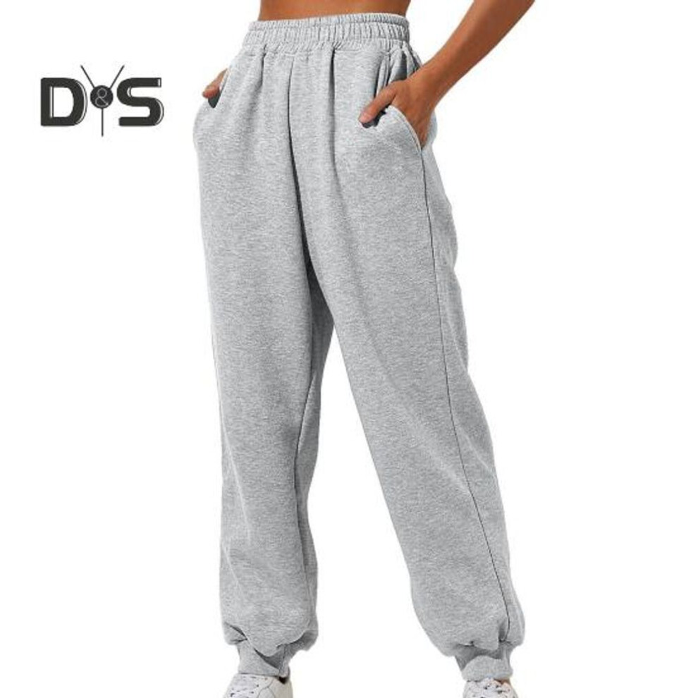 (grey, M) Women Pants High Elastic Waist Ankle Banded Solid Color Casual Soft Warm Pockets Loose Spring Fall Sweatpants Jogging Trousers