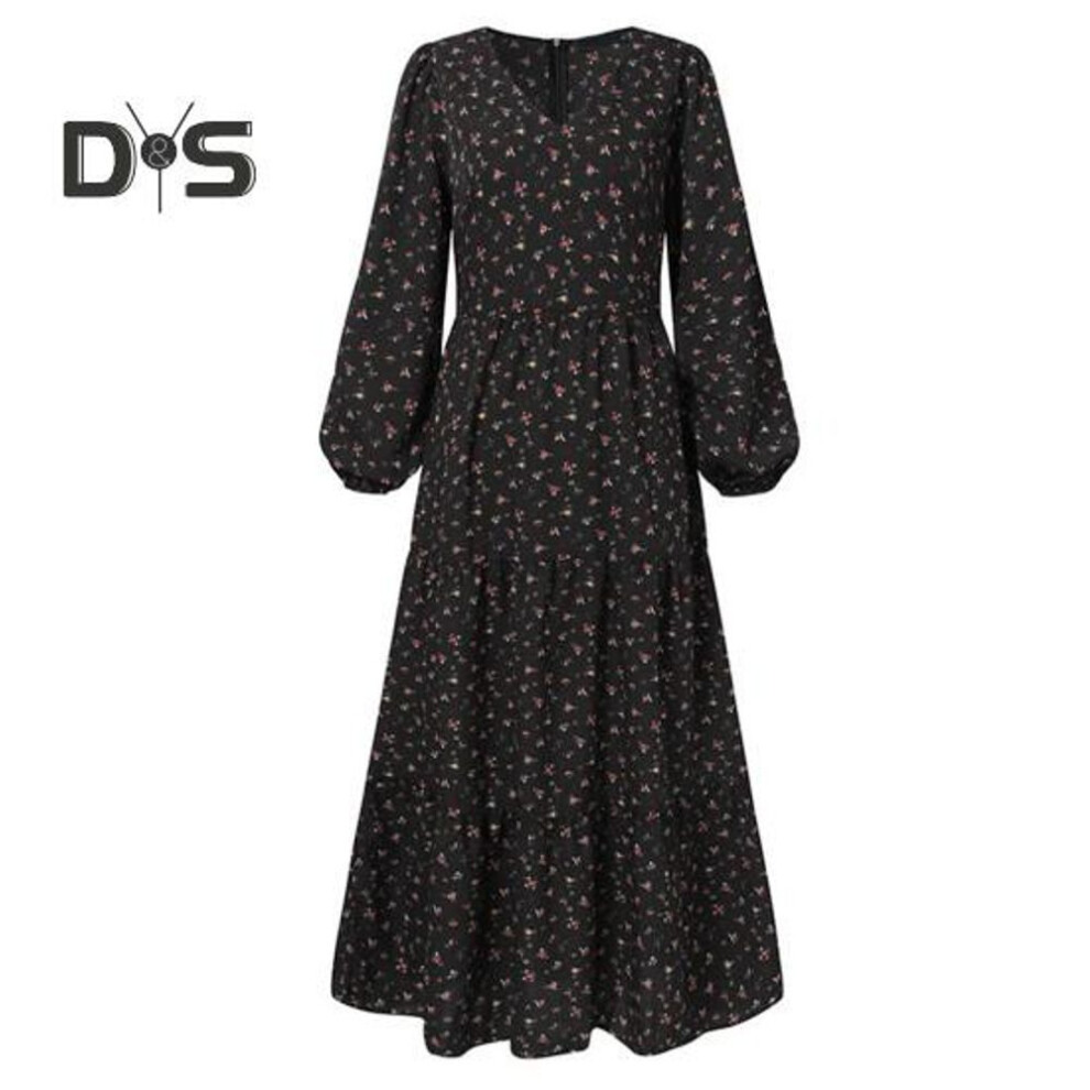 (black, 2XL) Ladies Dress V Neck Flower Print A Line Loose Hem Long Lantern Sleeve Pullover Pleated High Tight Waist Lady Spring Fall Maxi Dress