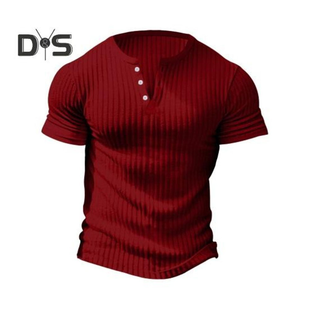 (wine red, M) Men Summer T-shirt Short Sleeves Slim Fit Thin Solid Color Stretchy Buttoned V Neck Pullover Thread Sport Fitness Top