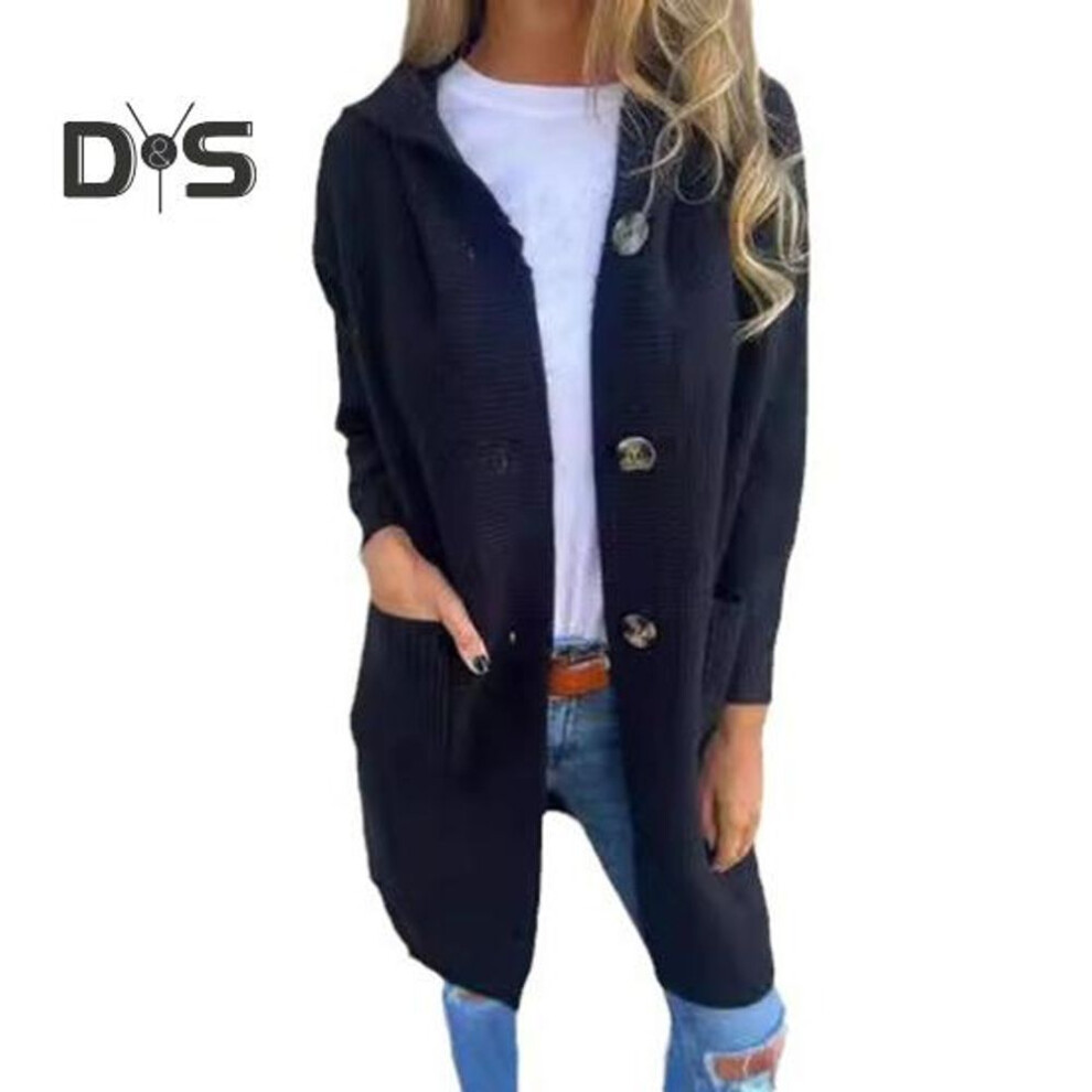 (L, black) Women Knitted Cardigan Hooded Long Sleeve Single Breasted Sweater Coat with Pockets Solid Color Mid-length Knitwear