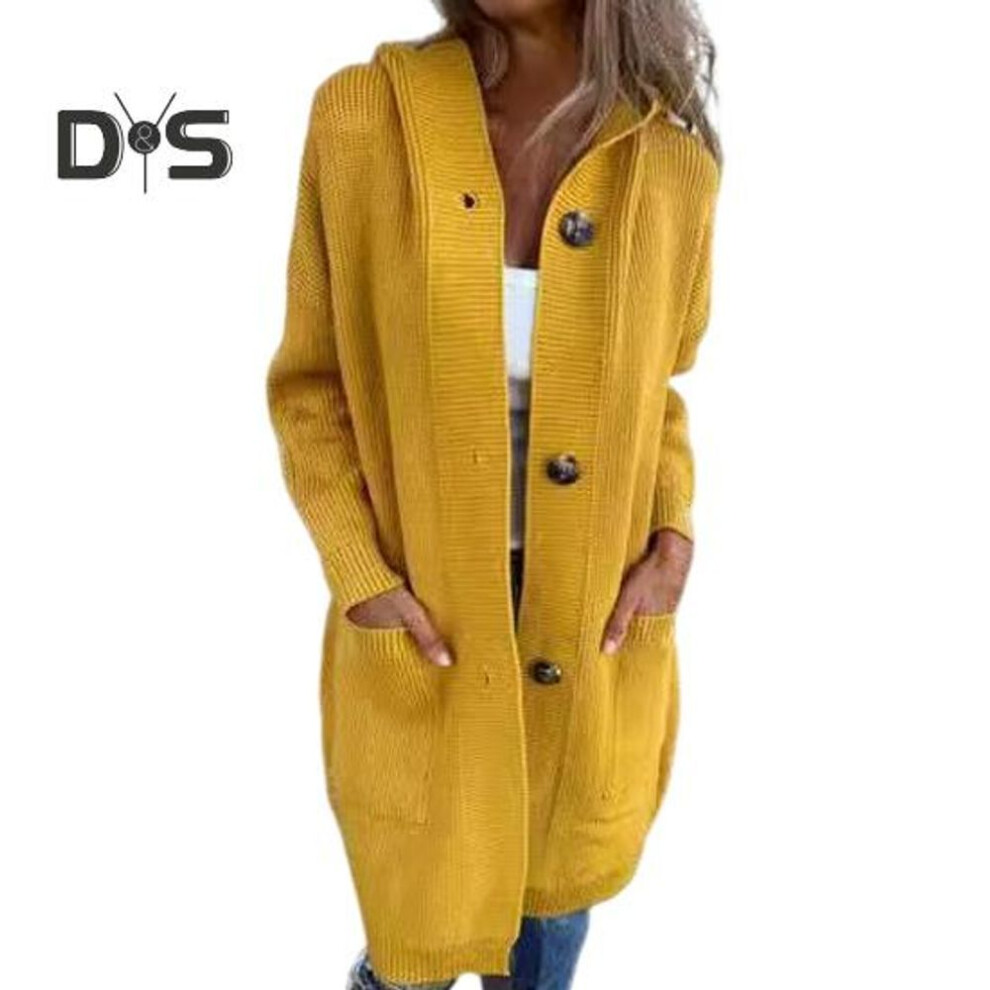 (XXL, yellow) Women Knitted Cardigan Hooded Long Sleeve Single Breasted Sweater Coat with Pockets Solid Color Mid-length Knitwear