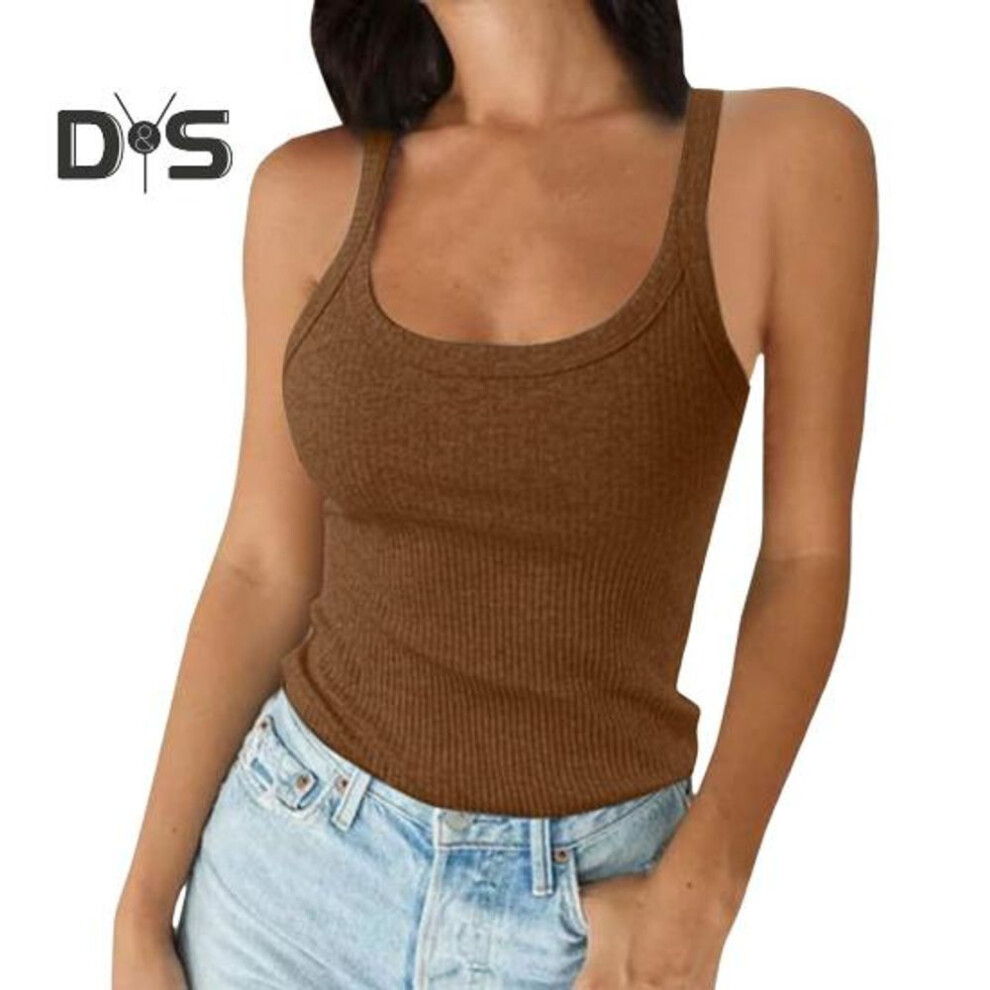 (M, coffee) Women's Sleeveless Tank Top Spaghetti Strap Scoop Neck Ribbed Knit Camisole Slim Fit Basic Cami Shirt for Daily Wear Beach Office