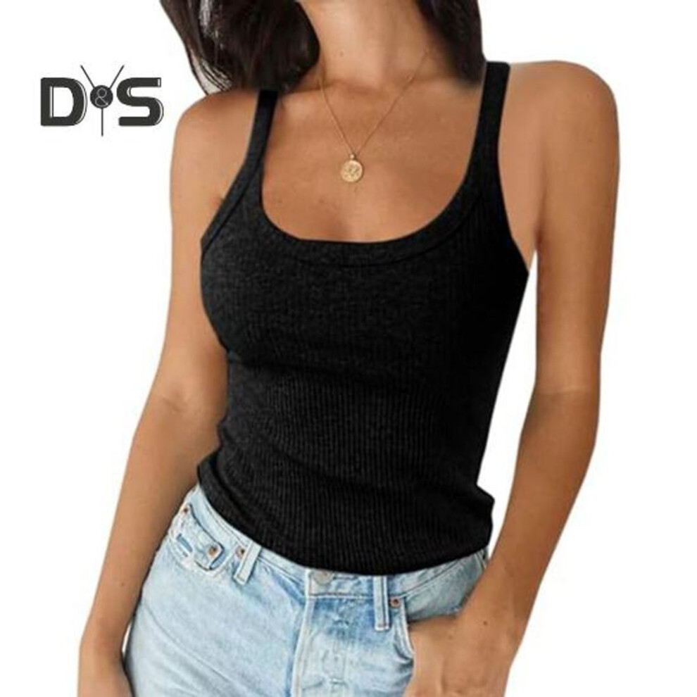 (XL, black) Women's Sleeveless Tank Top Spaghetti Strap Scoop Neck Ribbed Knit Camisole Slim Fit Basic Cami Shirt For Daily Wear Beach Office