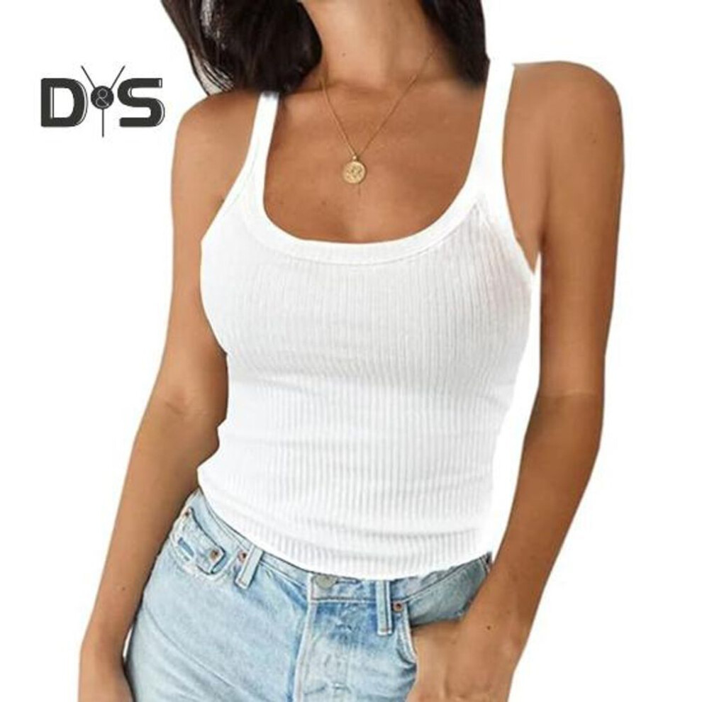 (XXL, white) Women's Sleeveless Tank Top Spaghetti Strap Scoop Neck Ribbed Knit Camisole Slim Fit Basic Cami Shirt for Daily Wear Beach Office