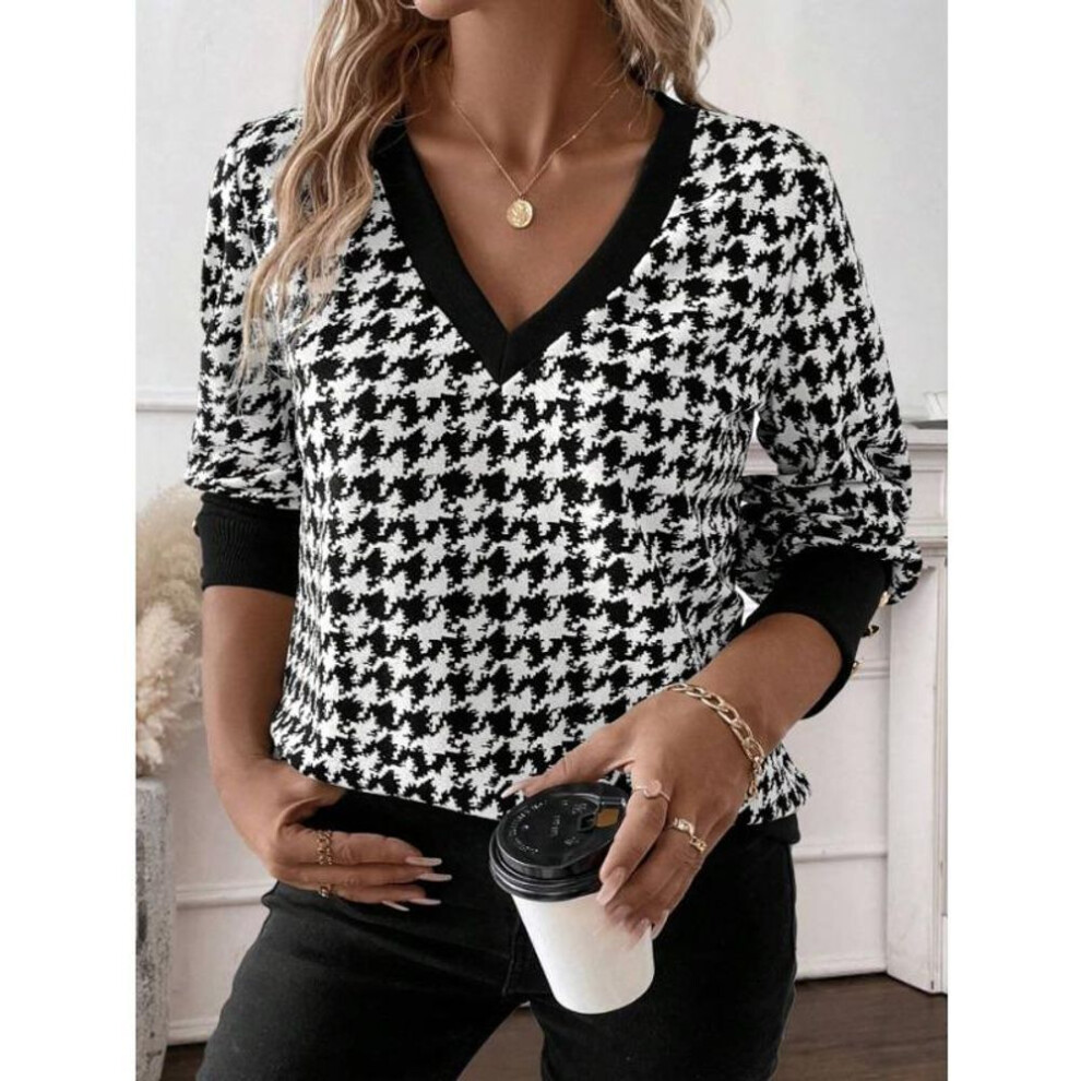 (L, black) YYFS Women's Fashion Casual Spring Fall Houndstooth Print Long Sleeve V-Neck Blouses & Shirts