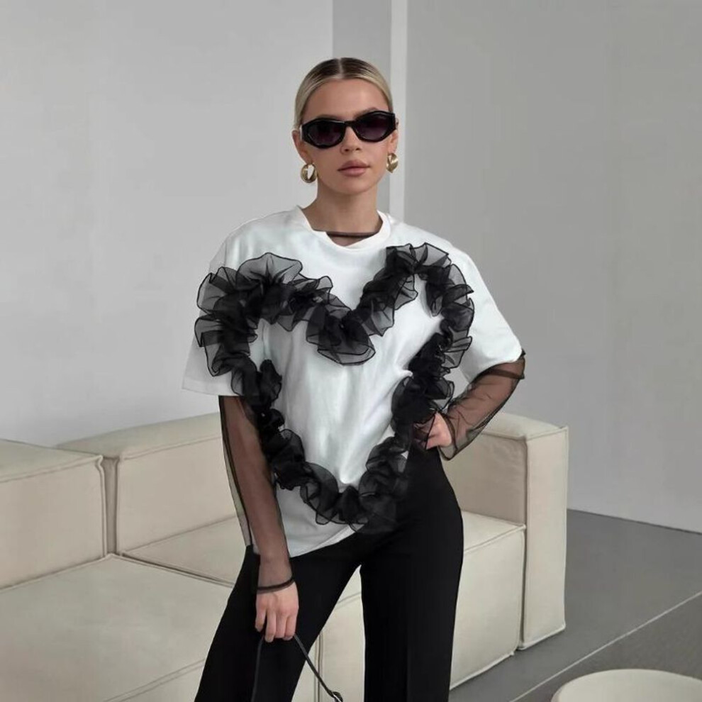 (L, white,black) Plus Size Women's Love Fold Stitching Fashion Crew Neck Loose Top
