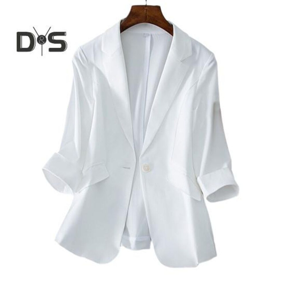 (white, 3XL) Women Suit Coat Blazer Solid Color Straight Anti-wrinkle Lapel Notch Collar Single Button Cardigan Three Quarter Sleeves Ol Style Formal Business