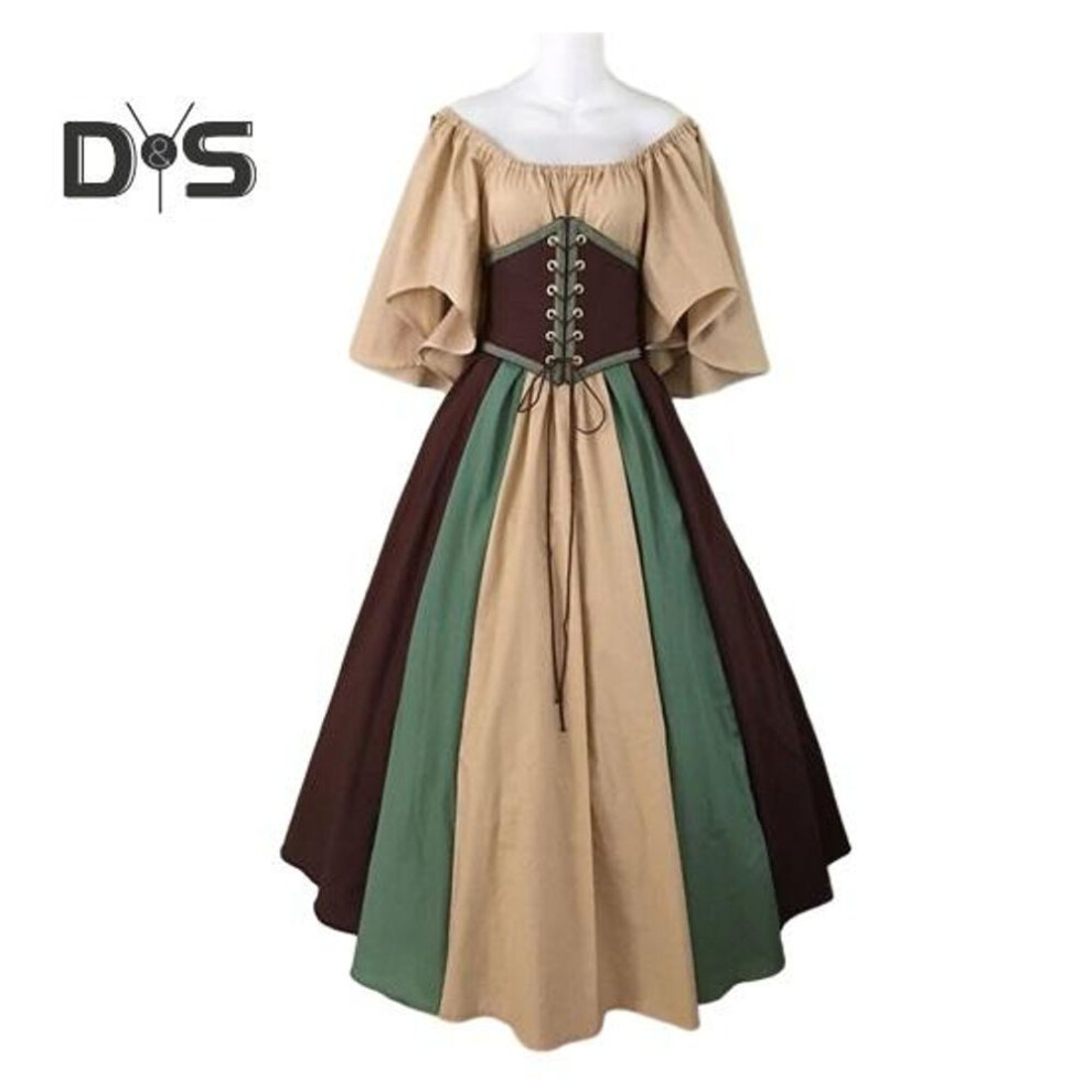 (coffee, XL) Women Halloween Dress Halloween Party Costume Flying Sleeve A-line Big Hem Contrast Color Patchwork Off Shoulder Pleated Tight Waist Medieval Vintage