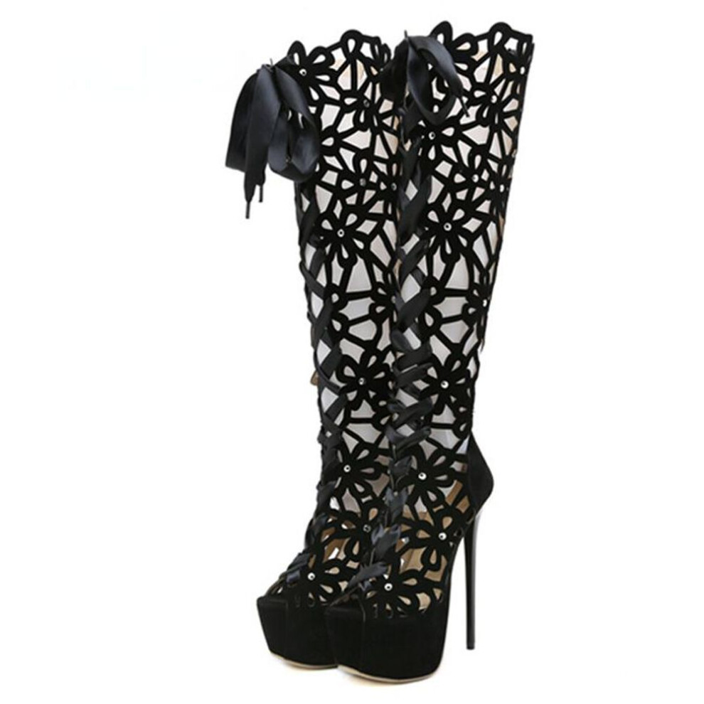 (black, 40) 16CM Ultra Thin High Heels Sexy Nightclub Hollow Out Over The Knee Boots Women Peep Toe Lace-Up Zip Platform Shoes Sandals