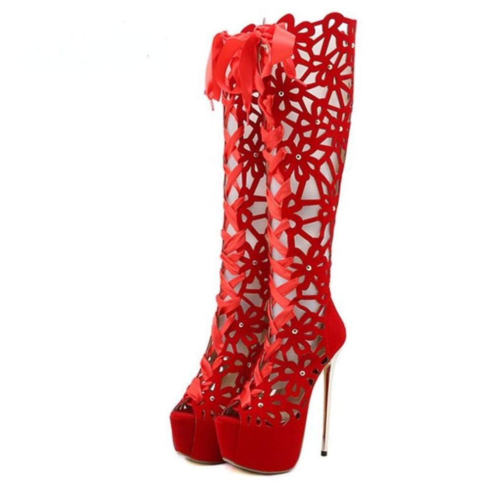 (red, 40) 16CM Ultra Thin High Heels Sexy Nightclub Hollow Out Over The Knee Boots Women Peep Toe Lace-Up Zip Platform Shoes Sandals
