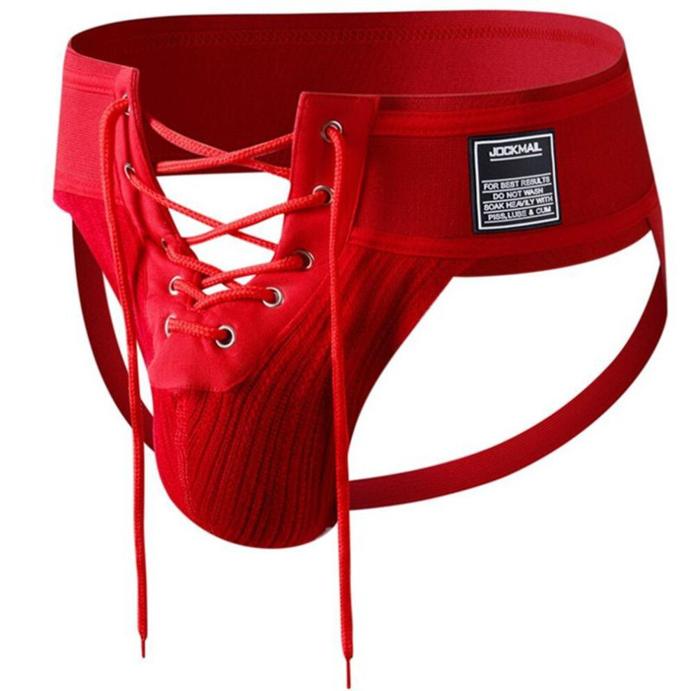 (L, red) Jockstraps JOCKMAIL Lace-up Adjustable Size Men's Thong Underwear Extra Wide Waistband Low Waist Style Soft Breathable Comfortable Underpants