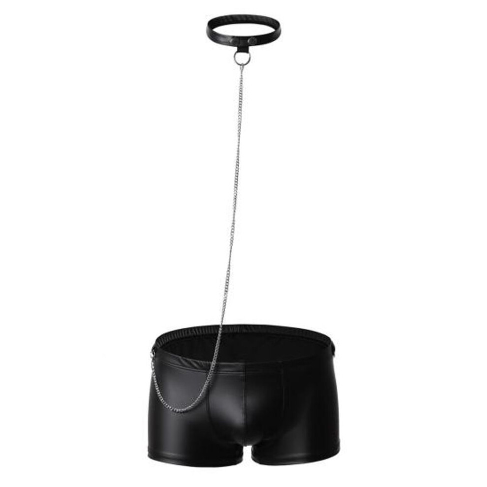 (L, black) Men Boxer Underwear Low-rise U-convex Elastic Non-deforming Shorts Panties Imitation Leather Underwear