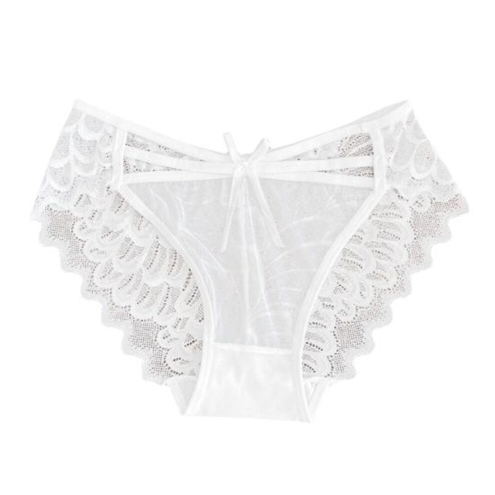 (white) Women's Lace Thongs Low Waist See Through Panties With Bow Sexy Lace Mesh Briefs Ultra-thin Breathable Bikini Underwear