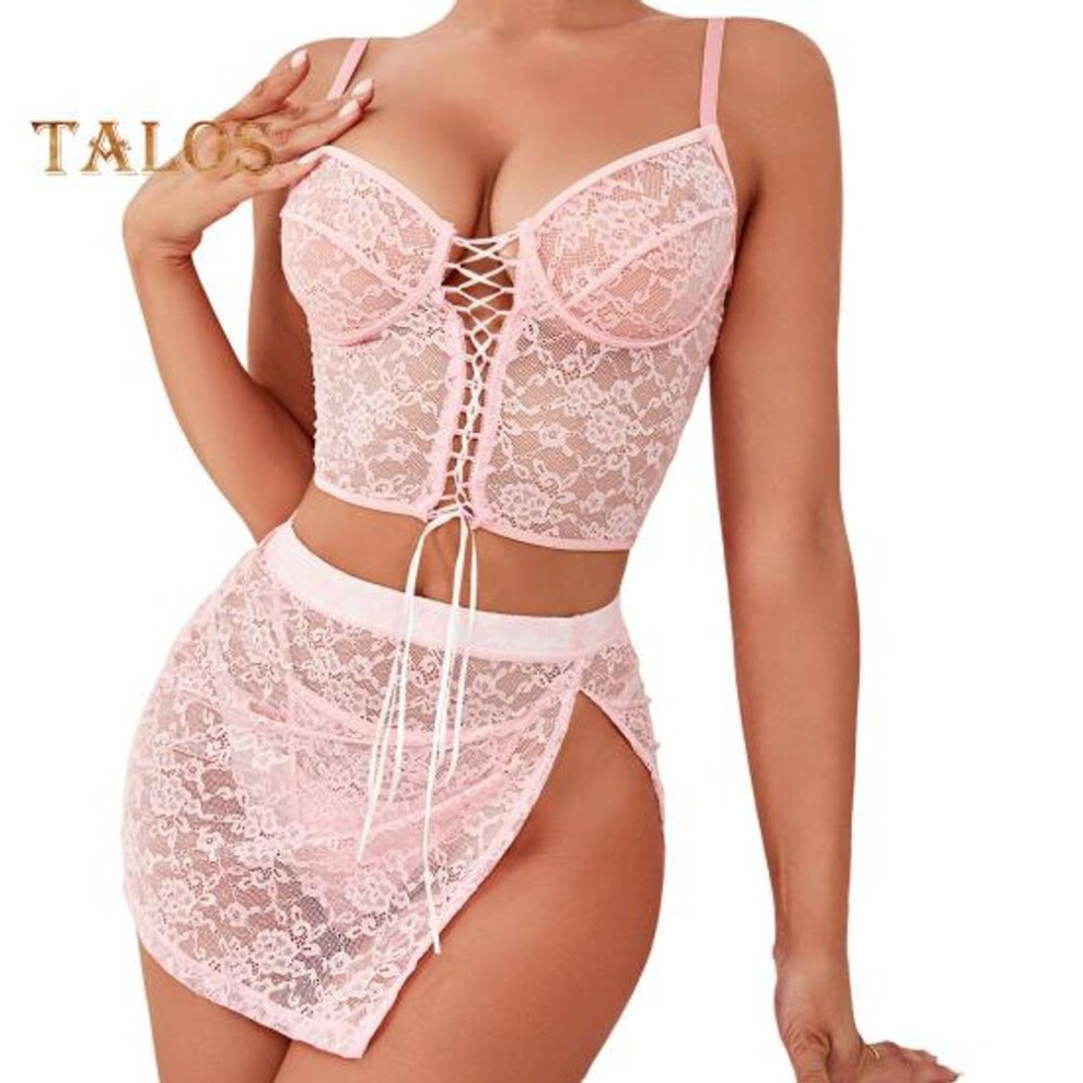 (XL, light pink) 3 Pcs/set Women Bra Panties Skirt Set See-through Lace Embroidery Hollow Out Lace-up Straps Thin High Waist Skirt Wedding Night Honeymoon Valentines