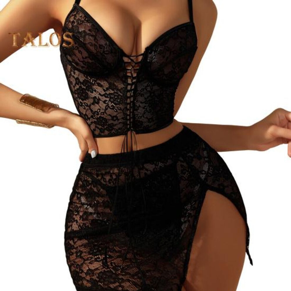 (M, black) 3 Pcs/Set Women Bra Panties Skirt Set See-through Lace Embroidery Hollow Out Lace-up Straps Thin High Waist Skirt Wedding Night Honeymoon Valentines