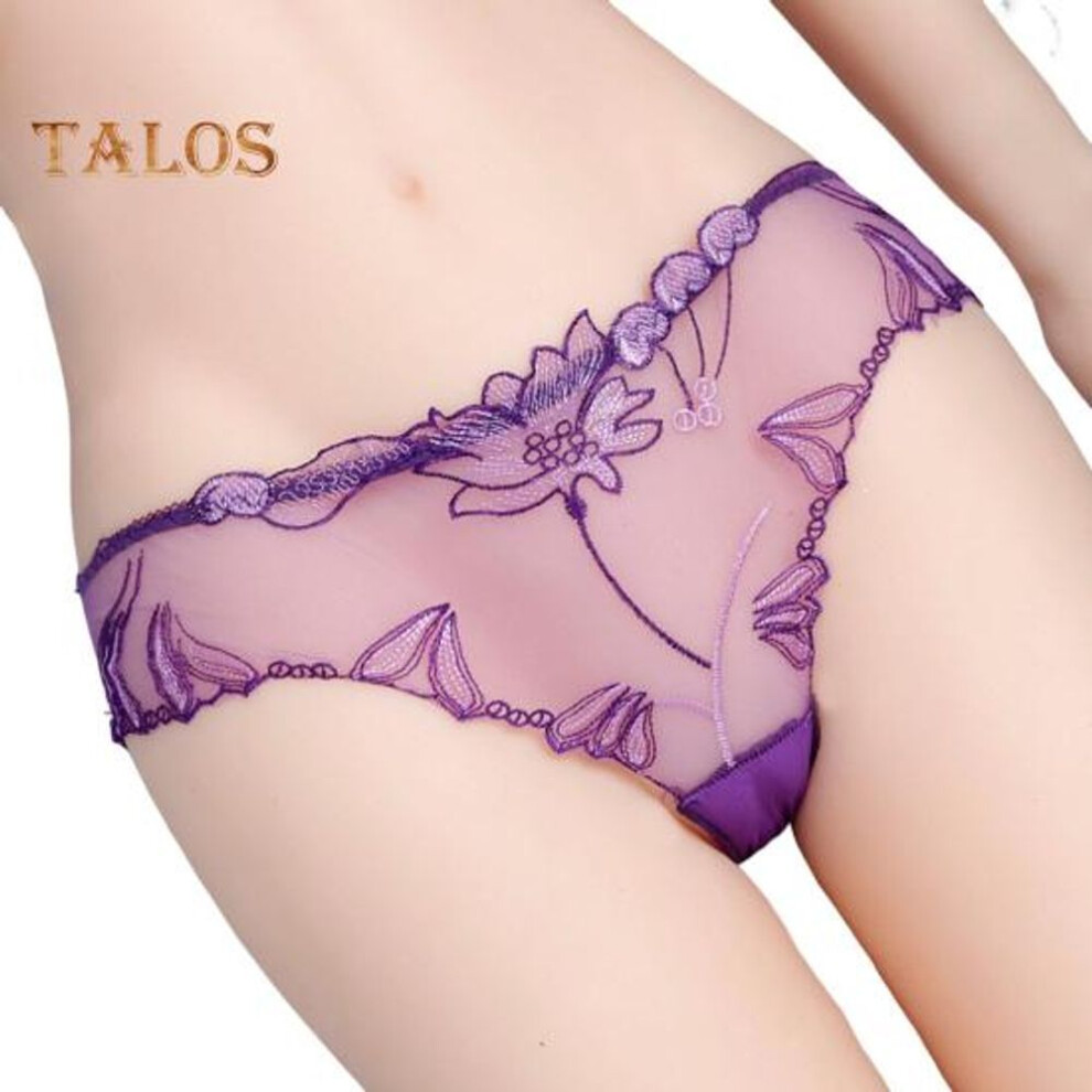 (purple, L) Women's Sexy Lace Thongs See Through Mesh Sheer Panties Floral Embroidered Low-waist Underwear Ultra-thin Ladies Briefs