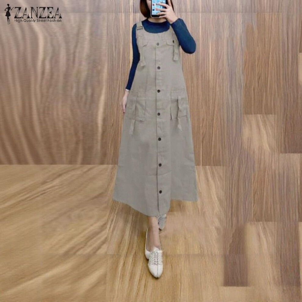 (khaki, XL) ZANZEA Women Muslim Sleeveless Side Pockets Square Collar Solid Color Dresses