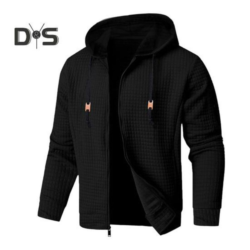 (black, S) Men Sweatshirt Coat Hooded Drawstring Long Sleeve Waffle Texture Sport Jacket with Pockets Solid Color Casual Loose Outerwear