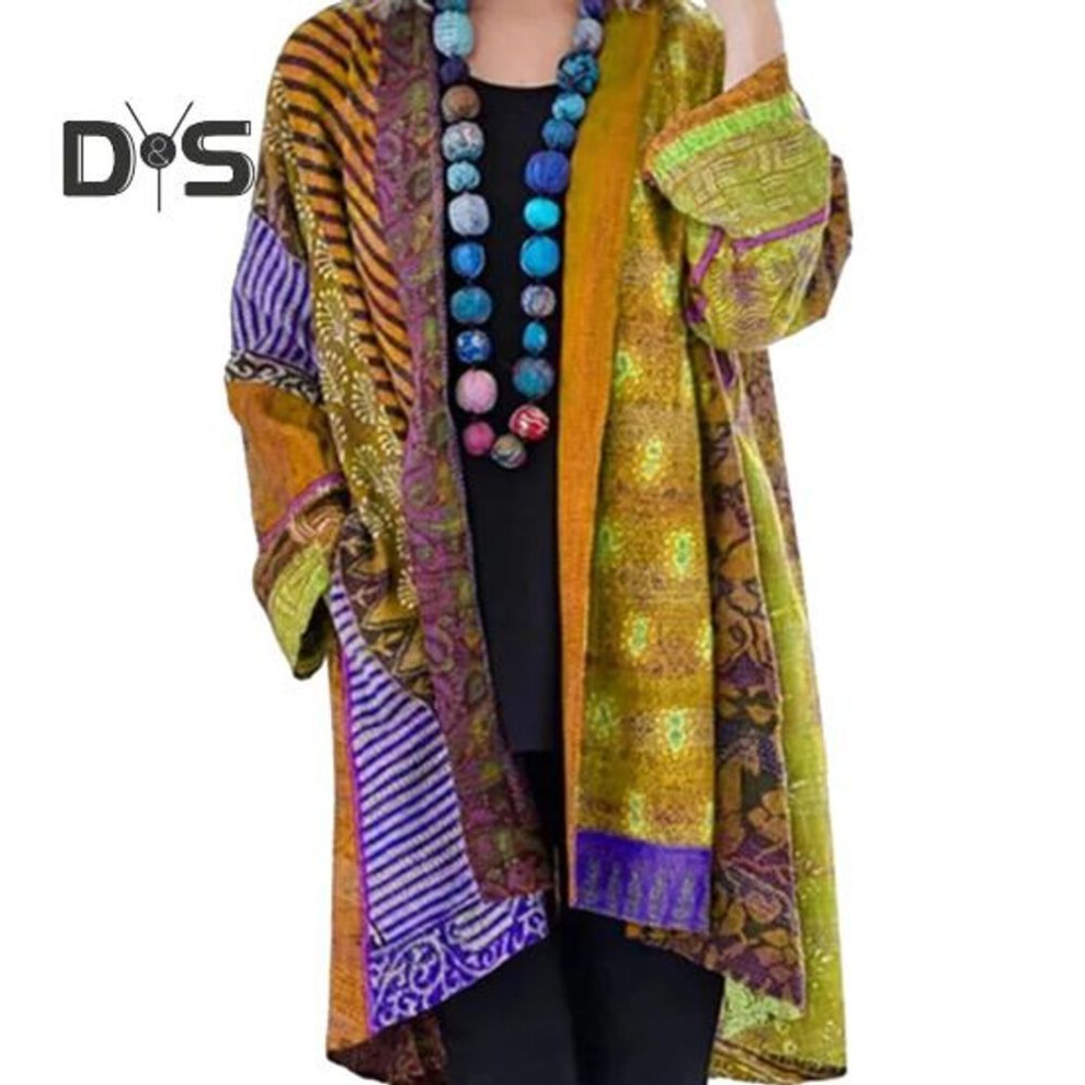 (3XL, yellow) Women Coat with Pockets Colorful Printing Cardigan Long Sleeves Retro Ethnic Style Mid Length Loose Spring Autumn Jacket