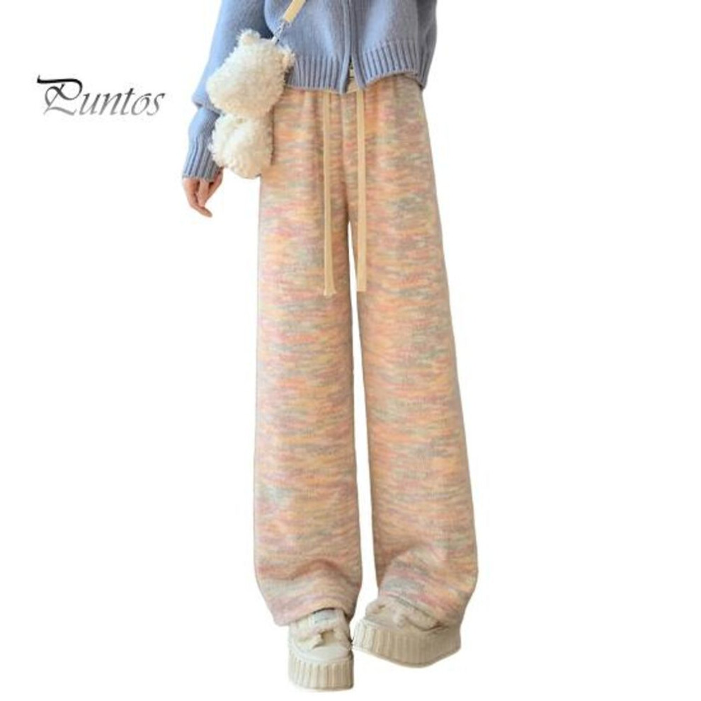 (orange) Women Pants Elastic High Waist Adjustable Drawstring Wide Leg Long Trousers Rainbow Color Loose Fit Casual Pants