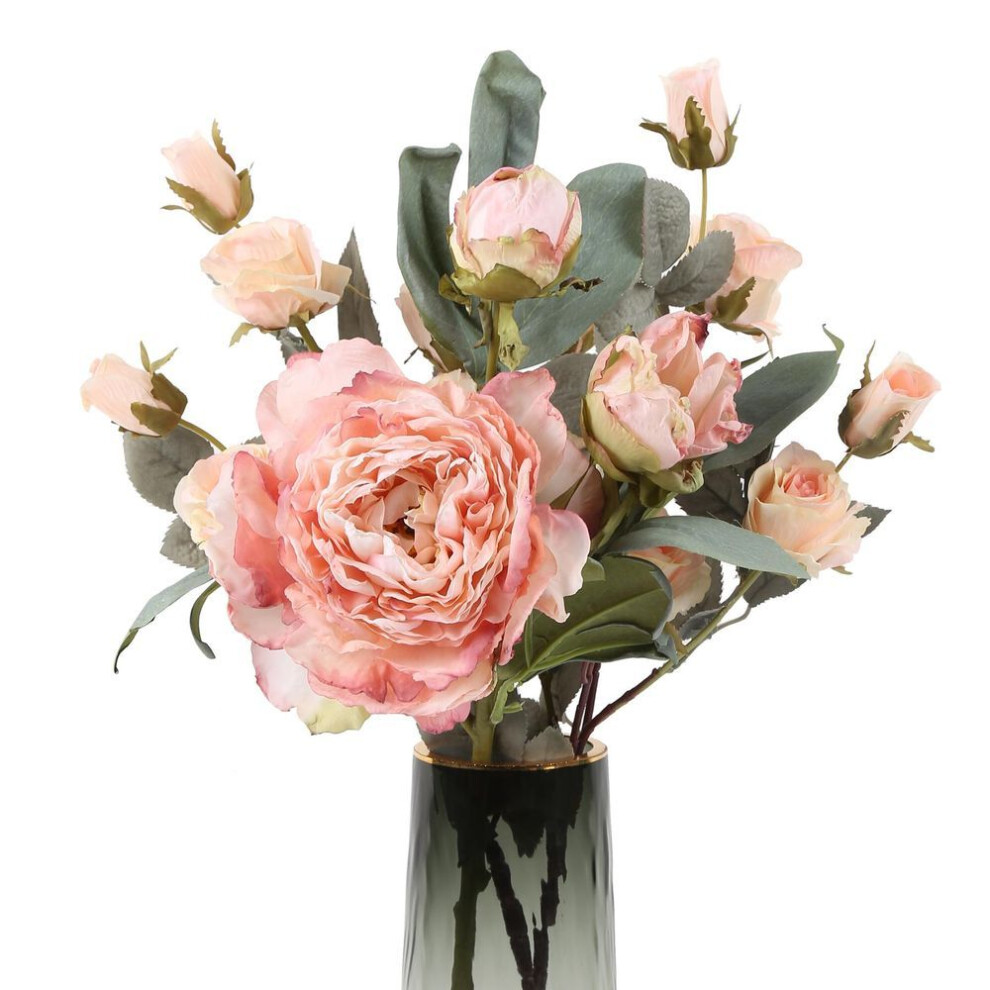 (pink) Artificial Peonies Roses Valentines Realistic Fake Bouquet With Stems Silk Floral Arrangements For Home Indoor Coffee Centerpiece Table Decor Wedding