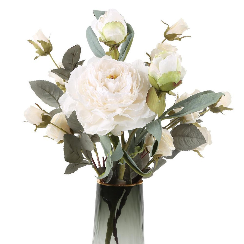 (white) Artificial Peonies Roses Valentines Realistic Fake Bouquet With Stems Silk Floral Arrangements For Home Indoor Coffee Centerpiece Table Decor Wedding