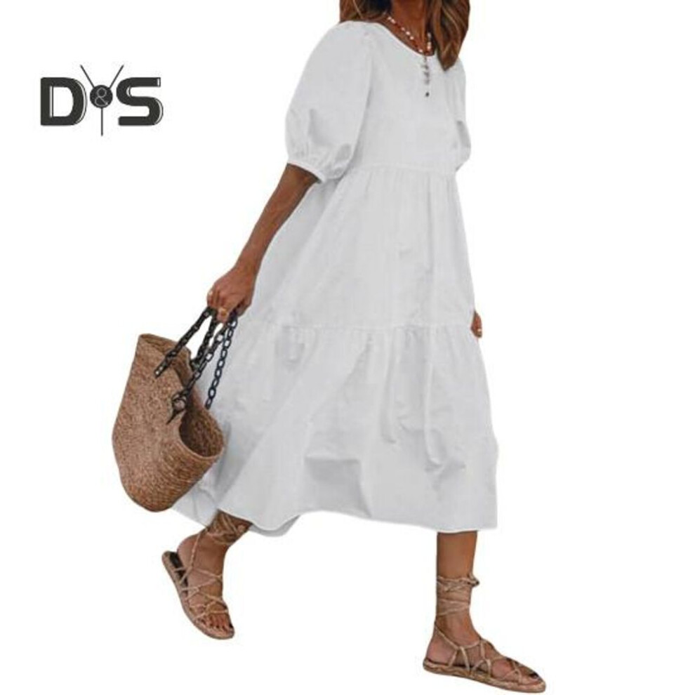 (white, M) Women's Summer Midi Dress Short Lantern Sleeves Crew Neck Linen Dress Loose Casual Boho Beach Sundress