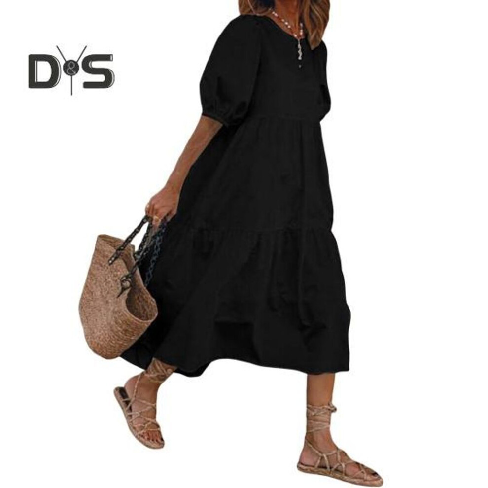 (black, M) Women's Summer Midi Dress Short Lantern Sleeves Crew Neck Linen Dress Loose Casual Boho Beach Sundress