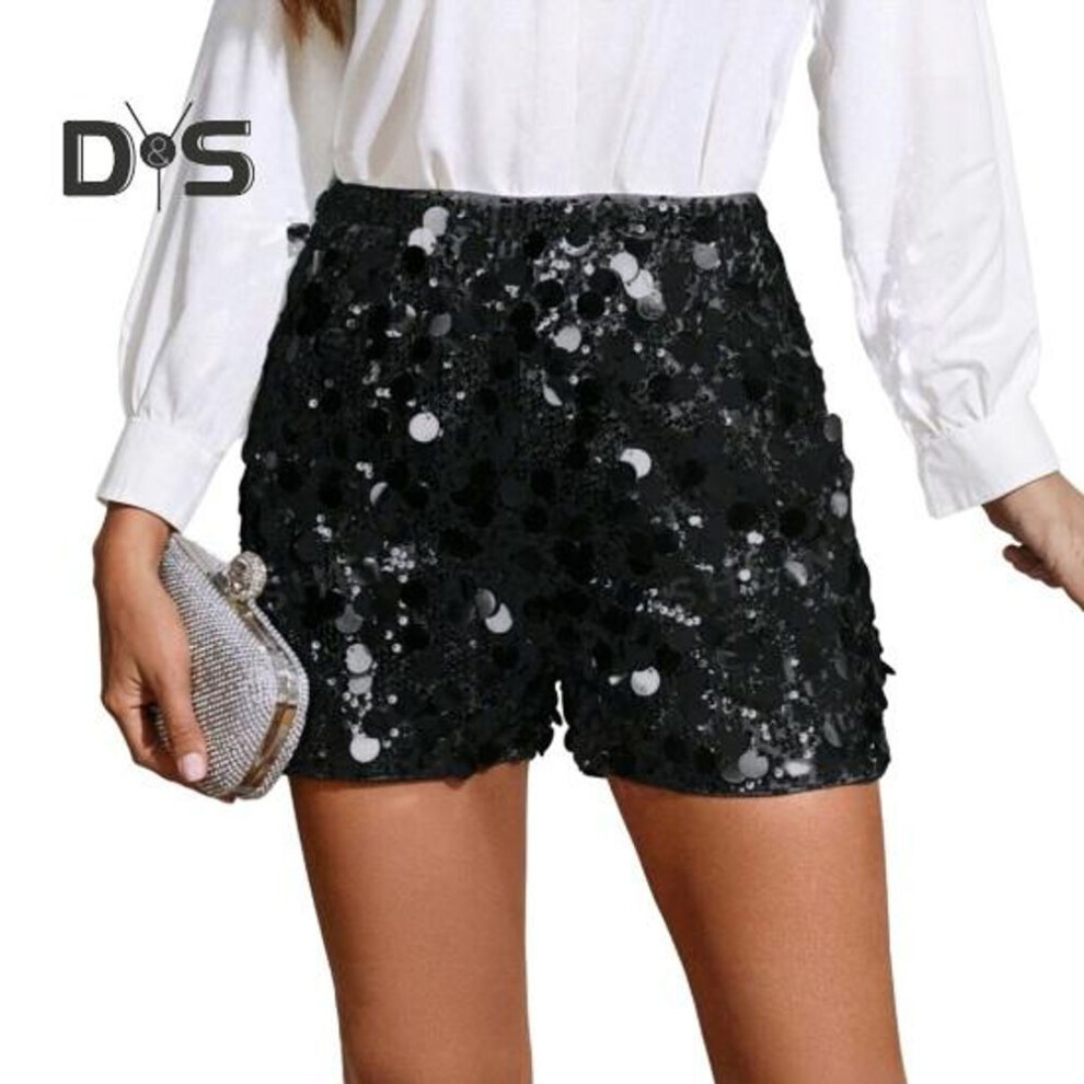 (black, XL) Sequin Shorts for Women Elastic Waist Straight Leg Sparkly Party Mini Shorts High Waist Shiny Nightclub Outfits