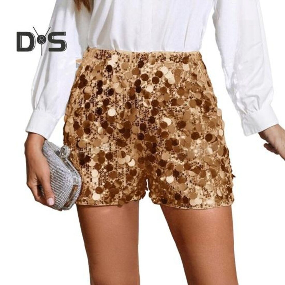 (golden, XL) Sequin Shorts For Women Elastic Waist Straight Leg Sparkly Party Mini Shorts High Waist Shiny Nightclub Outfits
