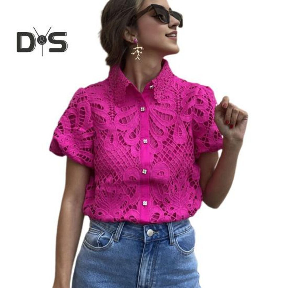(2XL, rose red) Women Shirt Lapel Puff Short Sleeve Slim Fit Shirt Tops Solid Color Button Closure Hollow Lace Crochet Blouse