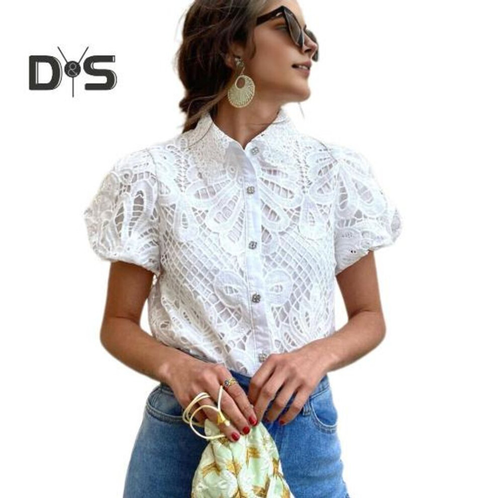 (L, white) Women Shirt Lapel Puff Short Sleeve Slim Fit Shirt Tops Solid Color Button Closure Hollow Lace Crochet Blouse