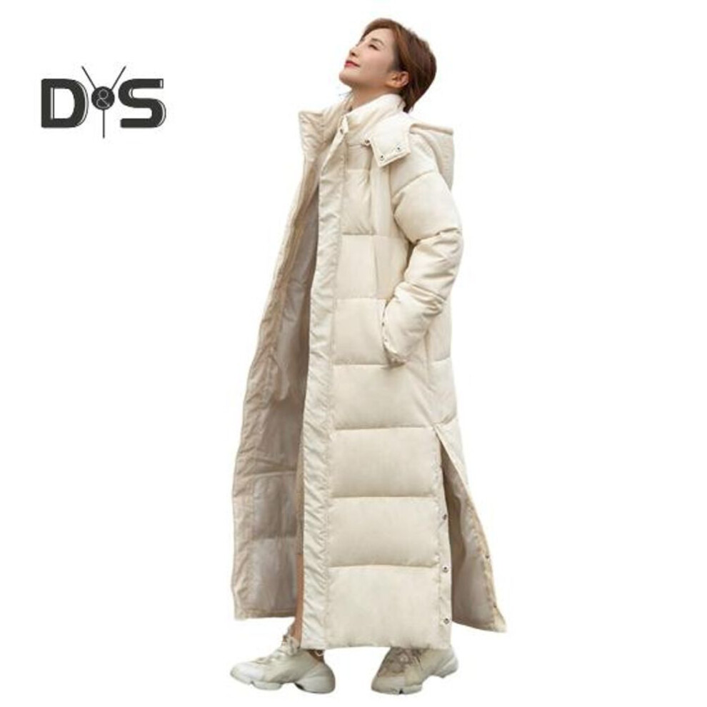 (beige, XL) Women Cotton Coat Hooded Long Sleeve Pockets Side Slit Hem Down Jacket Solid Color Pockets Thickened Casual Outwear