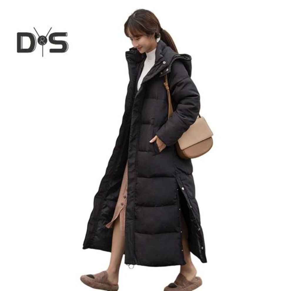 (black, XXXL) Women Cotton Coat Hooded Long Sleeve Pockets Side Slit Hem Down Jacket Solid Color Pockets Thickened Casual Outwear