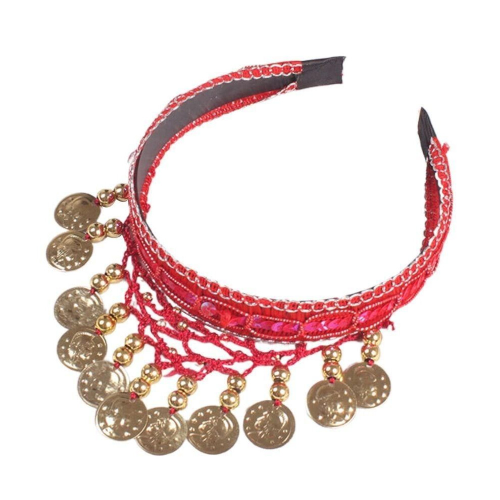 (red) Bohemian Belly Dance Hairband Ethnic Style Head Hoop Fashion Sequin Head Chain  Stage Performance