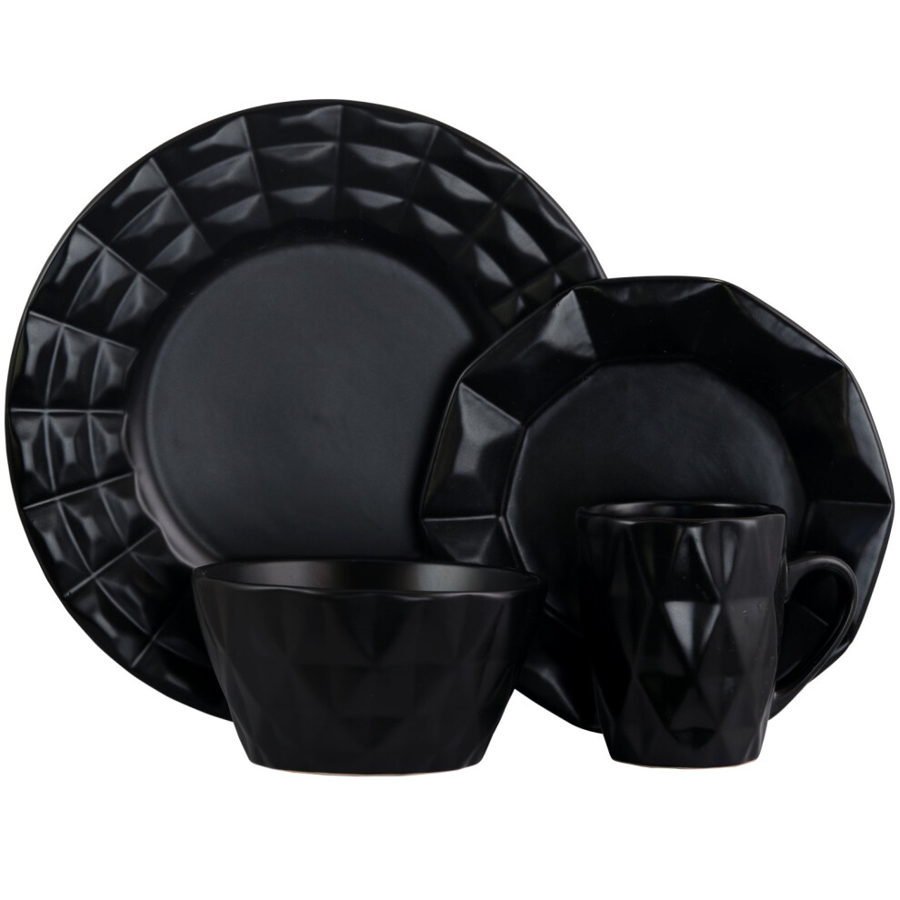 Elama Geometric Glazed Stoneware Diamond Cut Style Dinnerware Dish Set 16 Piece Black