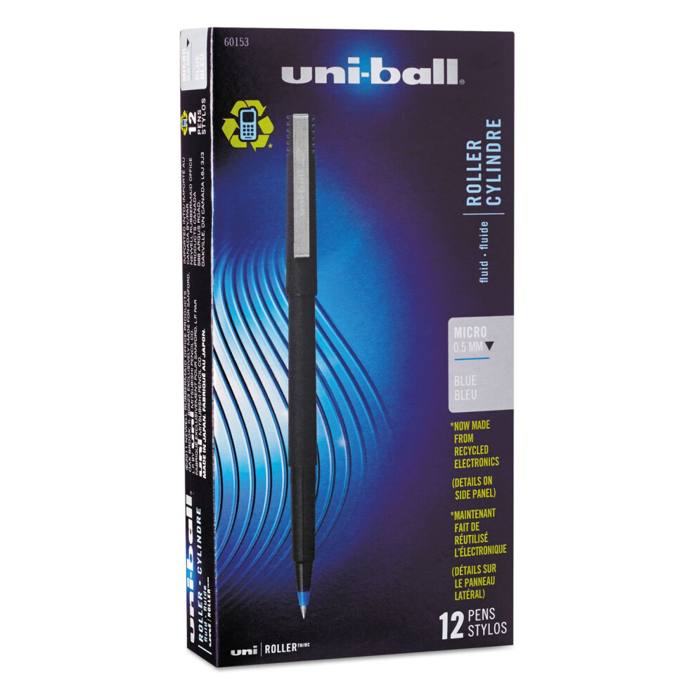 Uni-Ball 60153 Stick Roller Ball Pen Micro 0,5 Mm Blaue Tinte Schwarz Matt Schaft Dutzend-image