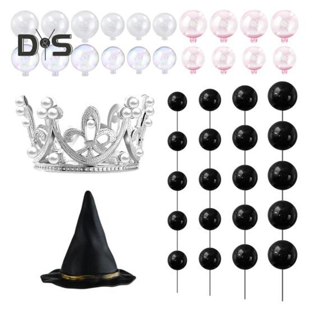 42pcs Witch Theme Party Supplies Mini Balloons Cake Topper Fantasy Balls Silver Crown Black Witch Hat Set For Birthday Party