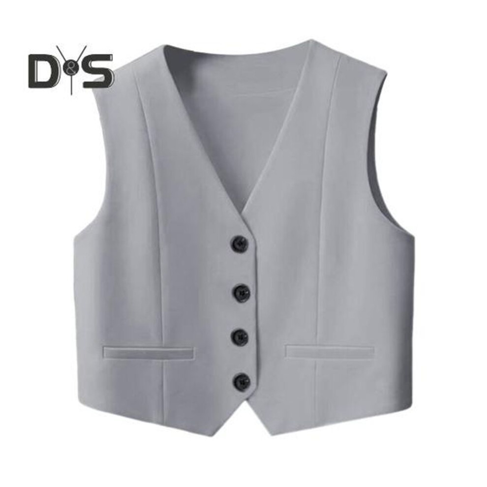 (S, grey) Women's Vest Top Sleeveless Suit Vest Single Breasted V-neck Waistcoat Dressy Casual Vest Jacket for Spring Summer