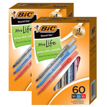 Round Stic Xtra Life Ballpoint Pens, Medium Point (1.0mm), Assorted, 60 Per Box, 2 Boxes