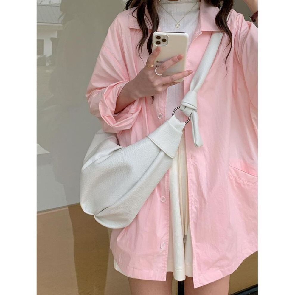 (white) Korean Large Capacity Retro Pleated Leather Dumpling Bag - Casual Versatile Shoulder Messenger for Commuting
