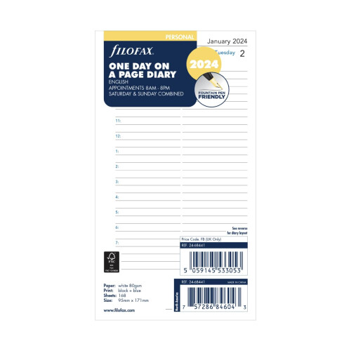 Filofax Personal Terminkalender, Tag pro Seite, Englisch     2024