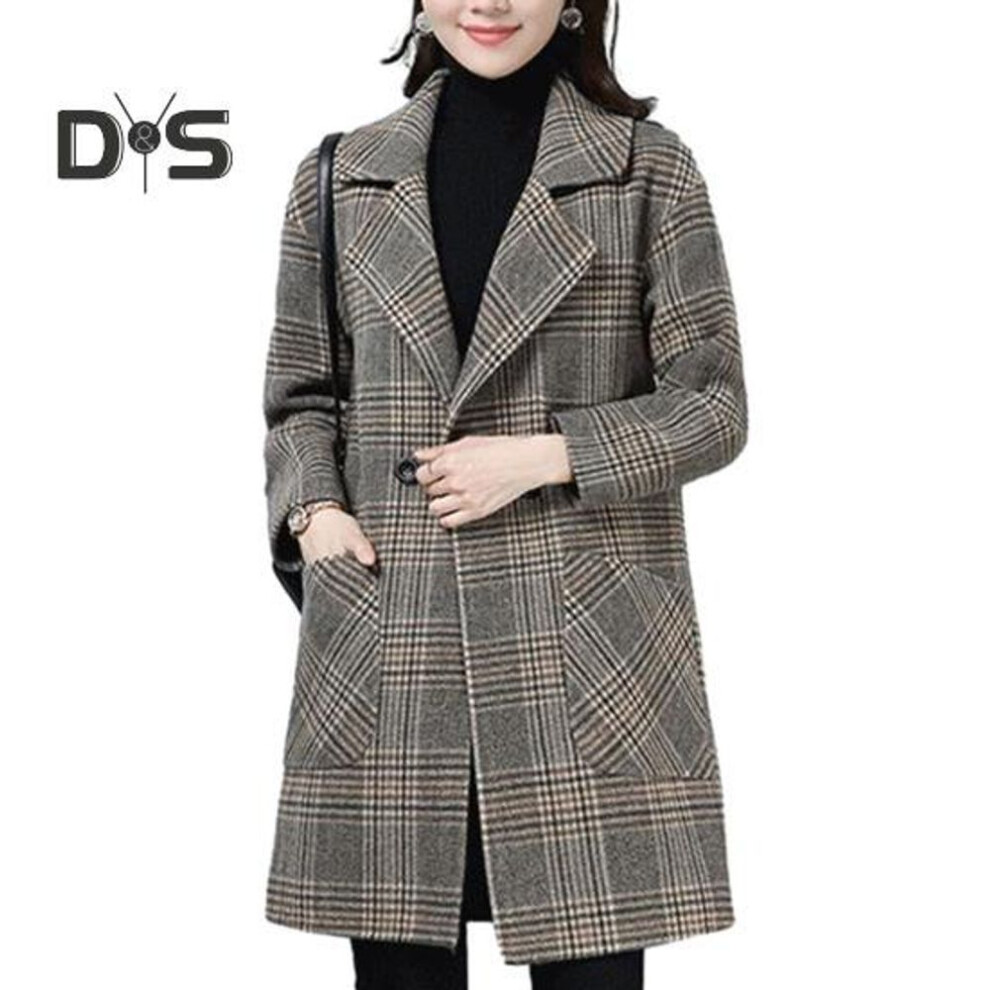 (brown, L) Winter Women Overcoat Turn Down Collar Long Sleeve Plaid Print Color Matching Thickened Windproof Mid Length Loose Ol Commute Style Lady Long Jacket