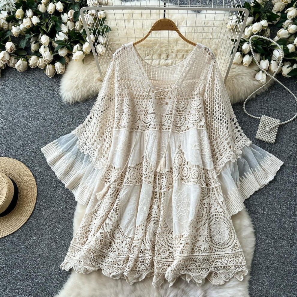 Dimanaf 2025 New Summer Women Long Basic Knitted Dress Sleeve  Fashion Lace Dresses Casual Loose