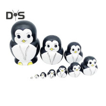 1 Set Penguin Russian Nesting Doll 10 Layers Handmade Wooden Matryoshka Penguin Stacking Toy Desktop Figurine Decoration Ornament