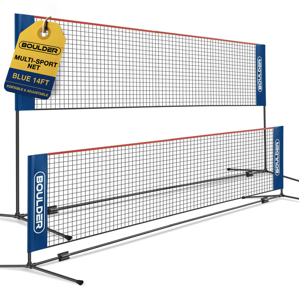 BOULDER Portable Badminton Net Set - for Tennis  Soccer Tennis  Pickleball  Kids Volleyball - Easy Setup Nylon Sports Net with Poles (Blue/Red  14 FT)