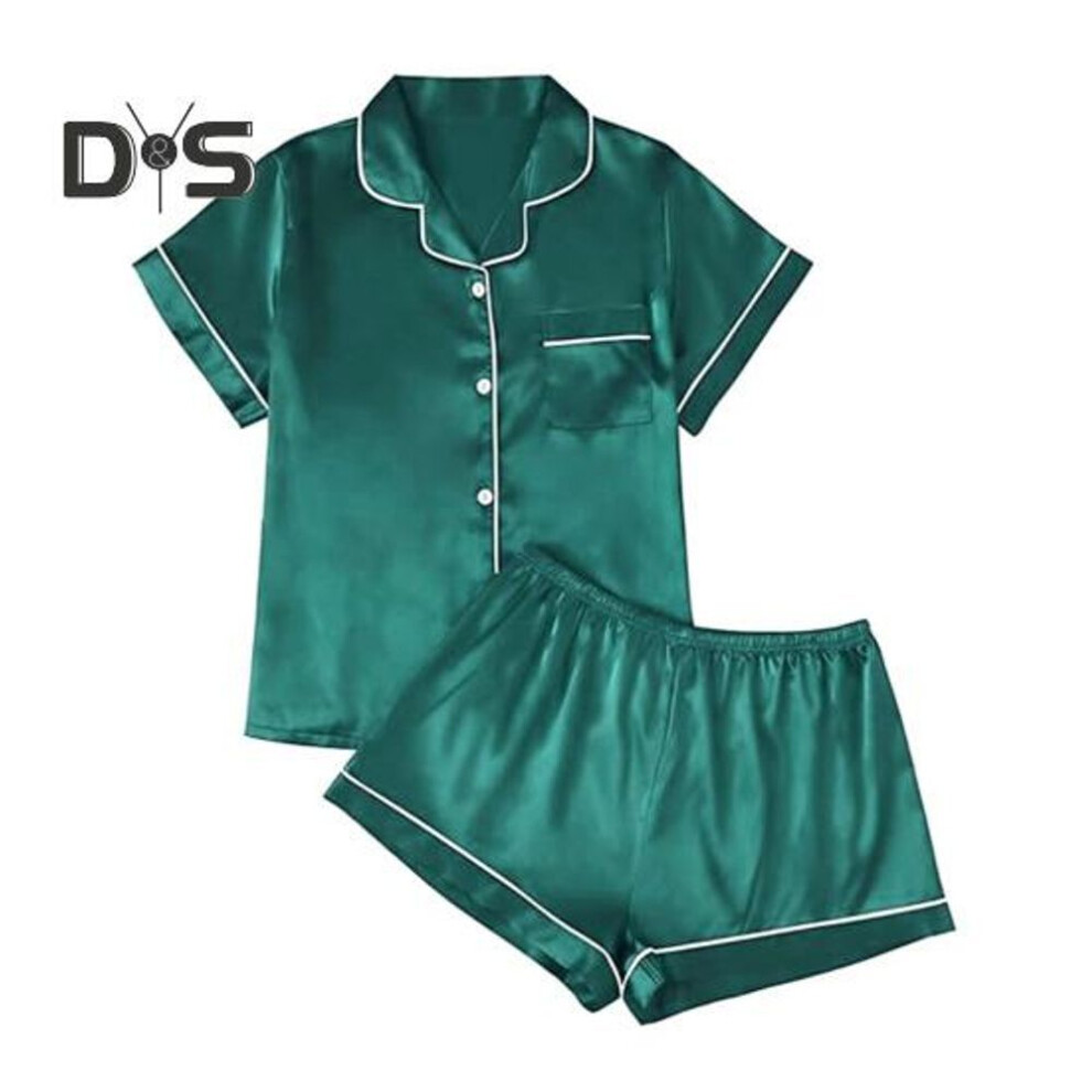 (XL, green) 2Pcs/Set Imitation Silk Pajamas Set Lapel Short Sleeve Buttons Placket Shirt Elastic Waist Shorts Set Summer Cool Sleepwear